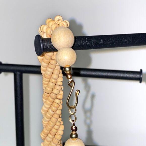 Vintage Wooden Beige Bead Multi Strand Necklace Beads Costume Jewelry Gift - Picture 5 of 7